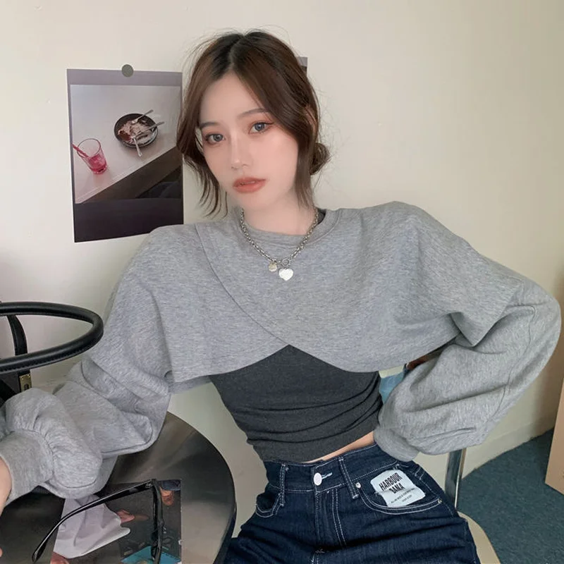 Short-style Sweatshirts Women Loose Simple Solid Irregular Casual Baggy Lantern Sleeve Bolero Dance Hip Hop Crop Tops Streetwear