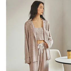 Fall/Winter 2021 Pajamas for Women Beige Long Sleeve Trouser Suits Comfortable 3-piece Set Home Clothes Lapel Loose Sleepwear