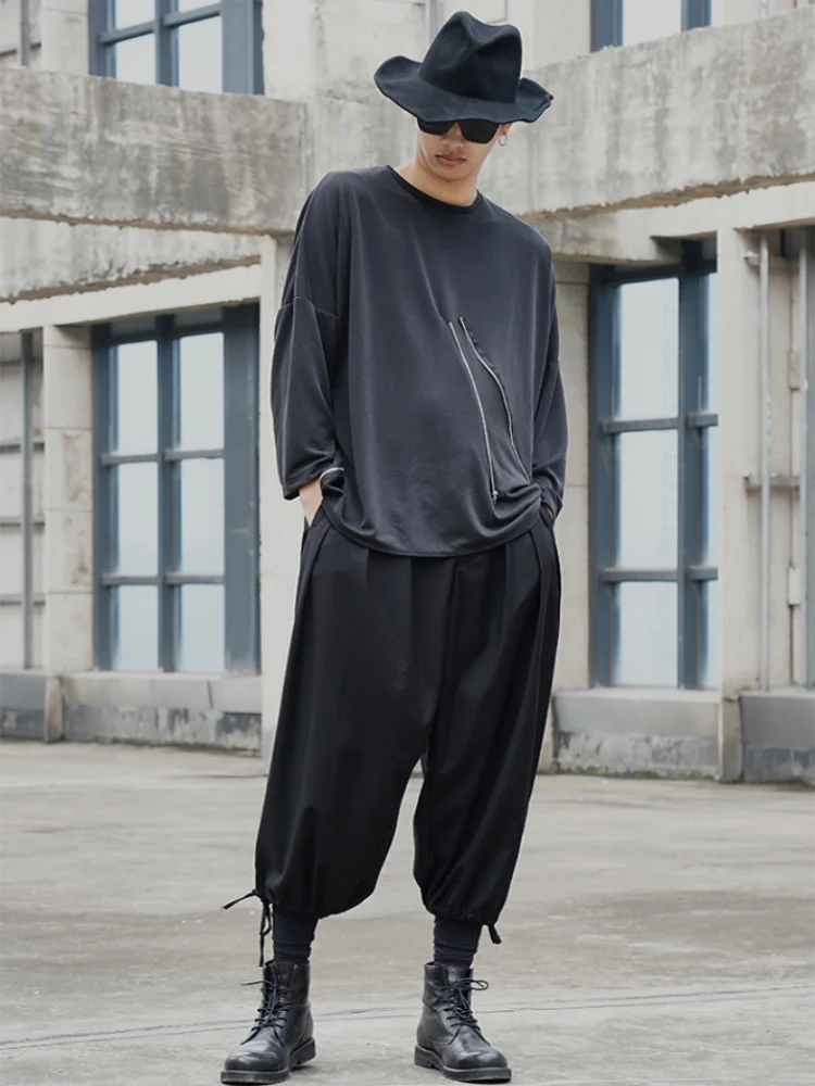 Men's spring and autumn new T-shirt dark zipper design classic simple loose leisure long sleeve large size T-shirt