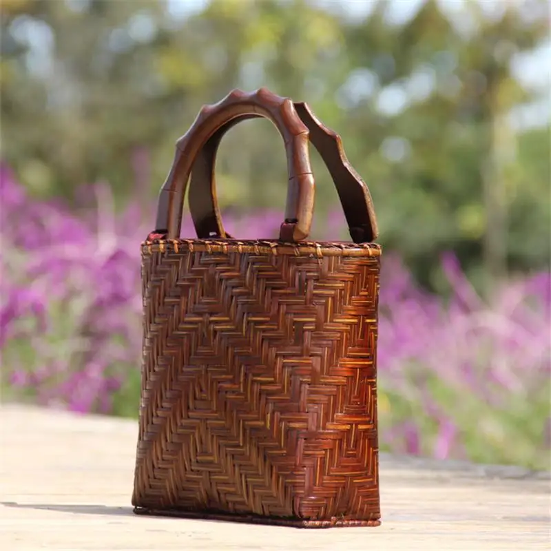 21X18CM Baru Retro Handmade Bambu Anyaman Tas Mini Tas Bambu Upacara Minum Teh Penyimpanan Merajut Tas Baru A6108