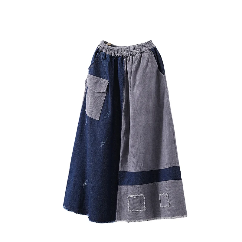 TIYIHAILEY Free Shipping 2020 New Fashion Long Mid-Calf A-Line Skirt Women Elastic Waist Winter Corduroy Denim Skirt With Pocket