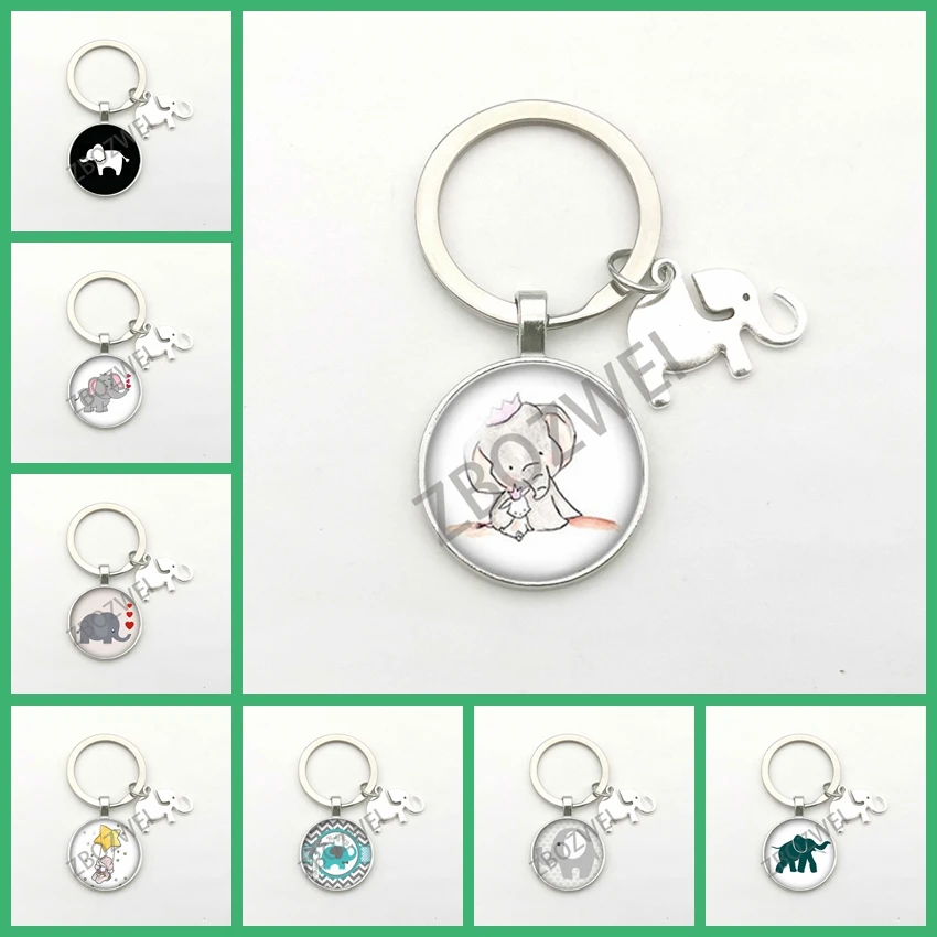 Cute Baby Elephant Pendant Keychains Glass Round Key Ring Fashion Bag Charm Jewelry Gifts for Men Key Chain Coach Women