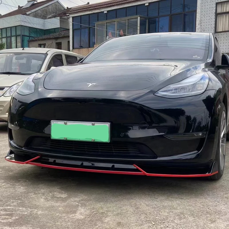 For Tesla Model Y Car Front Bumper Lip Automobile Skirt Protection Glossy Black With Red Edges ABS Feature Modified Accessories