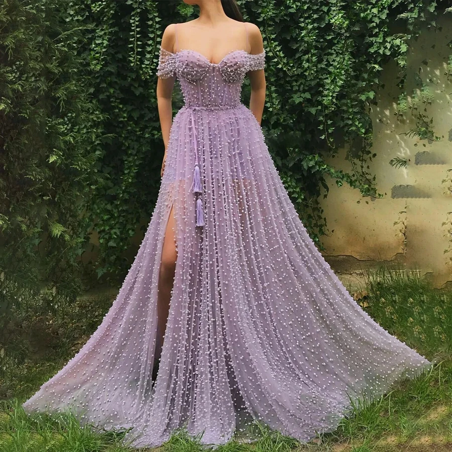 

Handmade Heavy Pearls Evening Dress Sweetheart A-line Lilac Prom Dresses High Slit Women Formal Evening Gowns robes de soirée