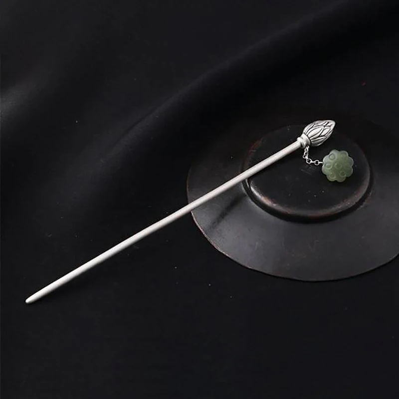 Original design Thai silver antique flower bud pendant hairpin Chinese cultural charm women's light luxury silver jewelry