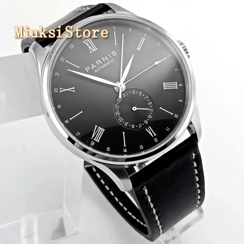 Men\'s luxury brand PARNIS 42mm GMT black dial stainless steel case leather Sea gull automatic mechanical sport watch