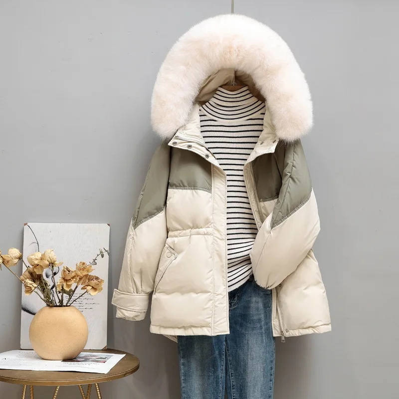 

Waist New Women Winter Down Coats Big Fur Collar Short Spliced Warm Female Down Jackets Thicken Patchwork White Duck Down Coats