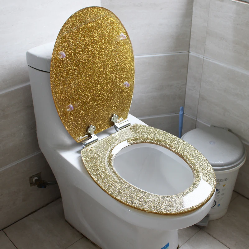 

New High-grade Beautiful Twinkling Golden Resin Toilet Seat Cover Slow Down Stainless Steel Hinge U/V/O Universal Toilet Cover