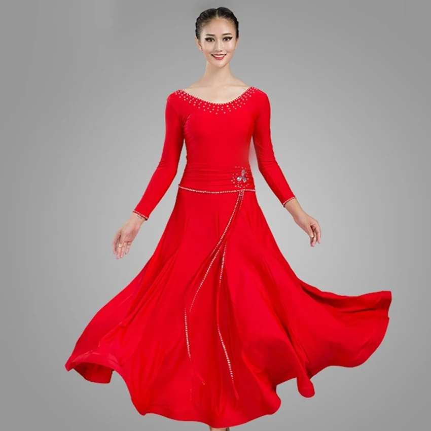 Waltz Stage Costume Sky Blue Ballroom Competition Clothing Black Rhinestone Standard Dance Dress Rhinestone Red Ballroom Dance