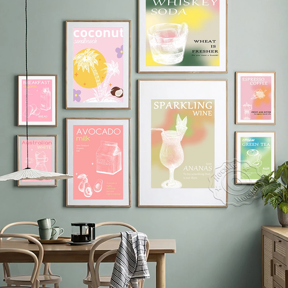 Póster de libro de cocina de bebidas, impresiones artísticas de café expreso, té verde, Latte, vino espumoso, whisky, leche de soda, bebida de coco, decoración de pared