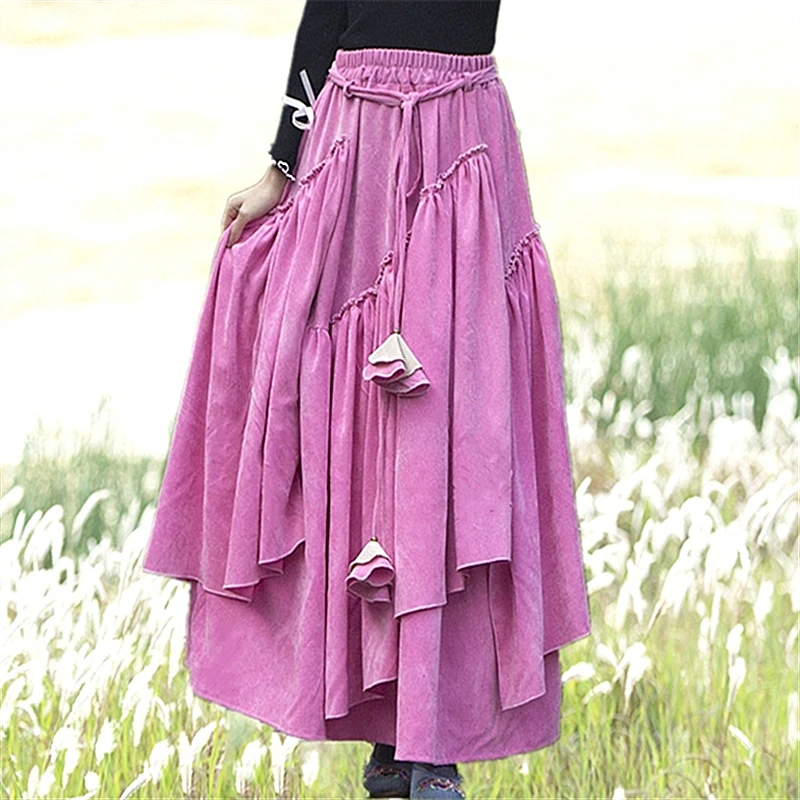 Makuluya Bohemian Vintage Women Long Loose Corduroy Elegant Spliced Prairie Chic Holiday Palace Fashion Long Skirts