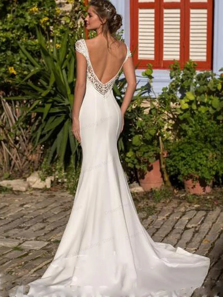 Sexy Mermaid Wedding Dress V-hals Backelss Sweep Trein Hoge Kwaliteit Robe De Mariage Voor Vrouwen Bruidsjurk Korte Mouwen Custom