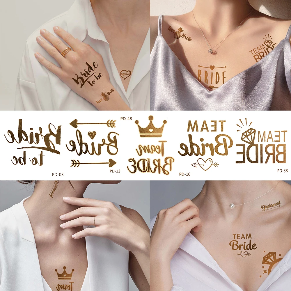 10pcs Bachelorette Party Temporary Tattoos Golden Body Art Gift Squad Tattoos Bride Bridesmaid Love Tatoos Supplies Decor Tiny