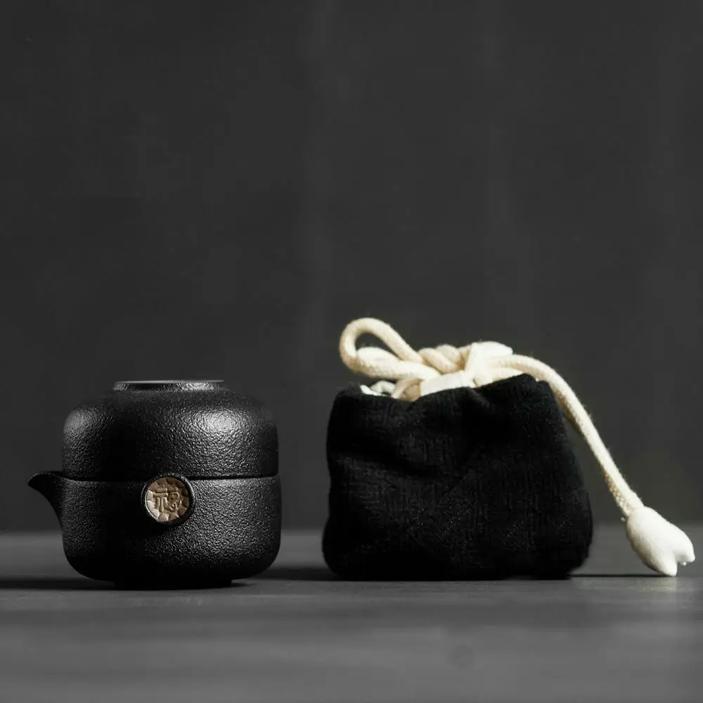 Black Ceramic Chinese Gongfu Teapot Teacup Travel Tea Set in Cotton Storage Bag