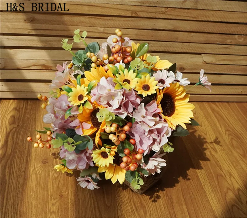 H&S BRIDAL Lace Handle Sunflower Wedding bouquet Sun Flower Bridal Bouquets Yellow Bridesmaid bouquets Artificial Wedding Flower