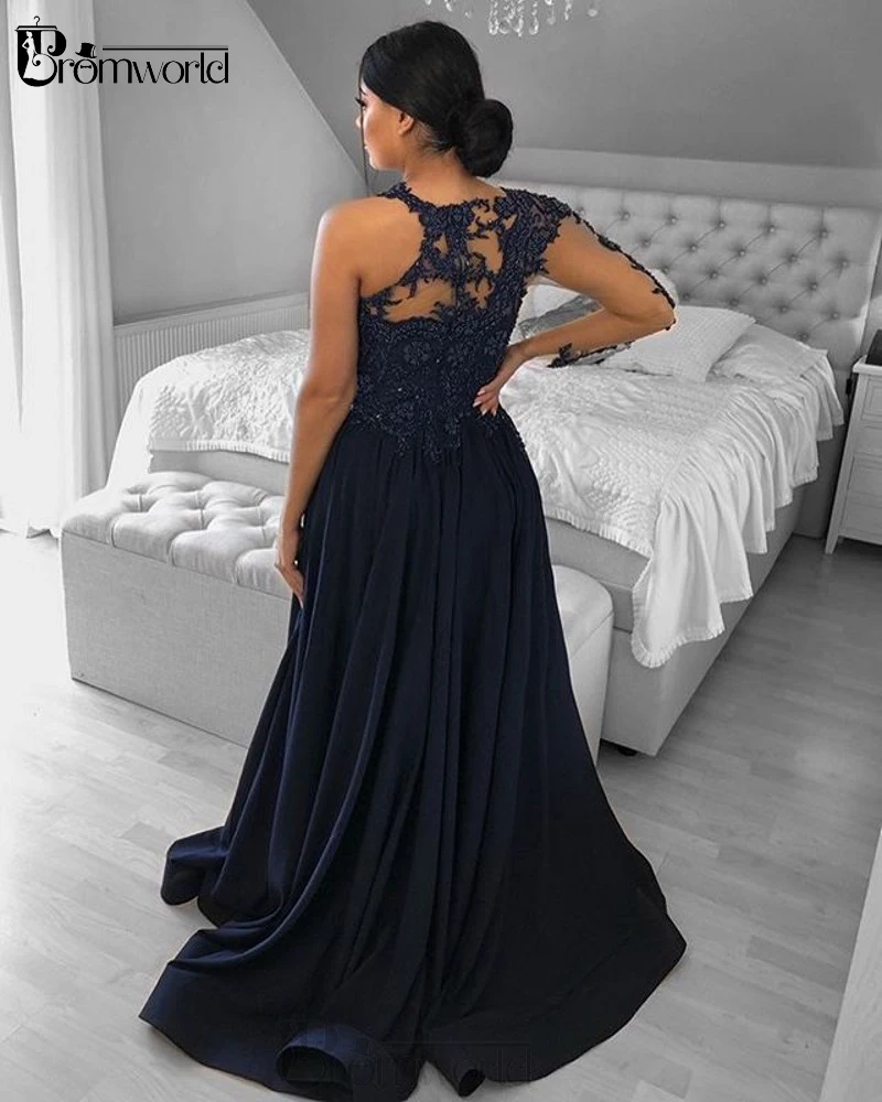 Vestidos de noite de manga comprida com um ombro, cetim rachado com renda, vestido formal de baile, Dubai, azul marinho, 2022