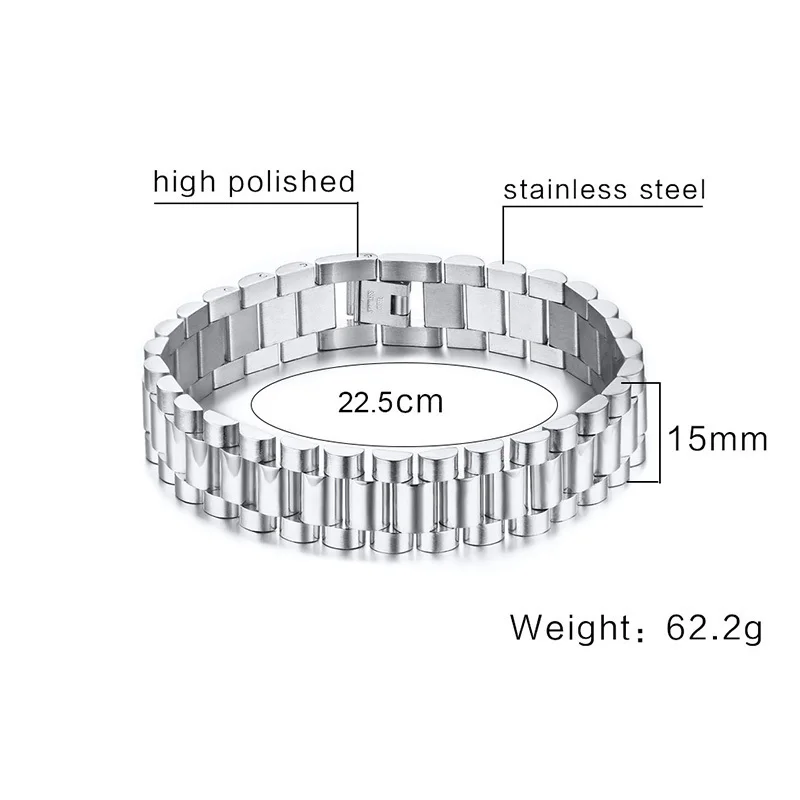 Gent Präsident Armband Edelstahl Uhr Band Armband für Männer Watchlink Armbänder Schmuck Goldene 15MM Breite 8,8 Zoll – Detail 2
