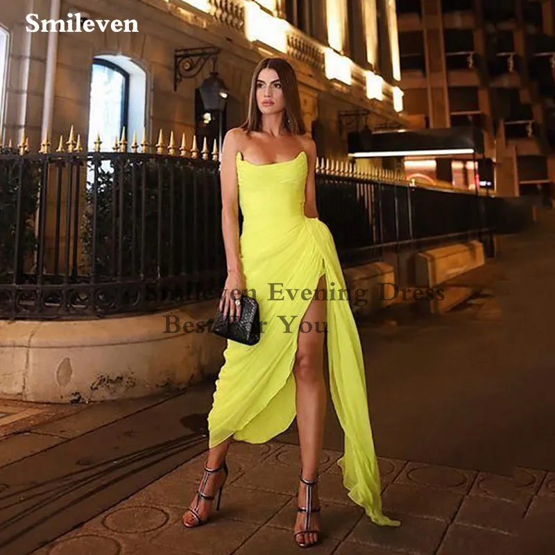 Smileven Giallo Chiffon A Line Abiti da ballo Pieghe senza spalline Spacco laterale Lunghezza caviglia Abiti da cerimonia per feste Sexy Lady Wear