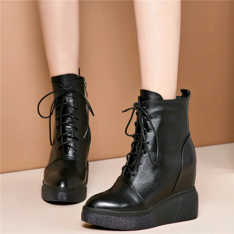 

Wedges Shoes Women Lace Up Genuine Leather High Heel Platform Pumps Female High Top Pointed Toe Fashion Sneakers Casual Shoes