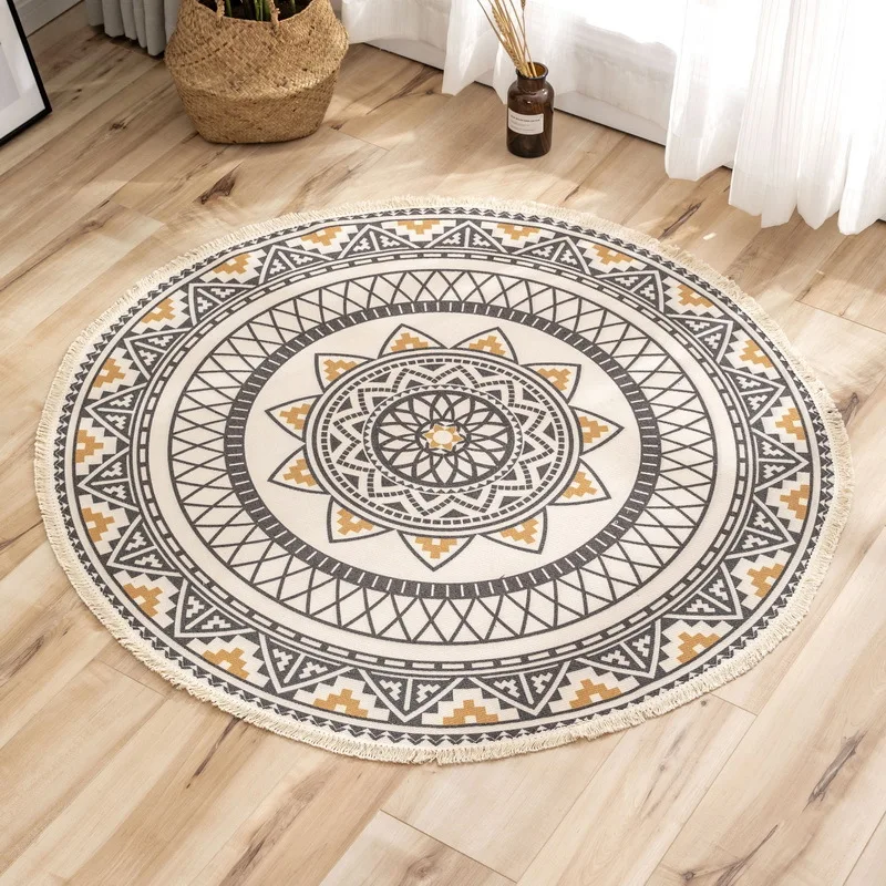 Boho Carpet Round Cotton Linen Carpet Anti-Slip Floor Mat Mandala Carpets for Living Room Bedroom Bohemian Mat Macrame Area Rugs