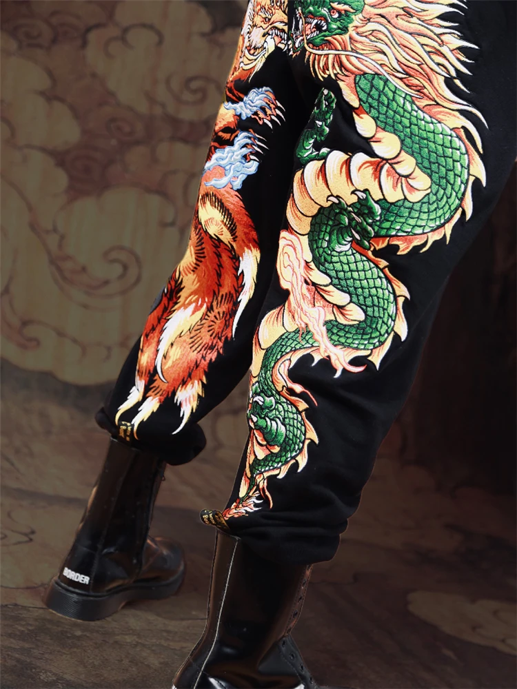 Men Boys Heavy Work Nine Tailed Dragon Embroidered Trousers Full Length Pants Fashion Autumn Winter High Street Streetwear New