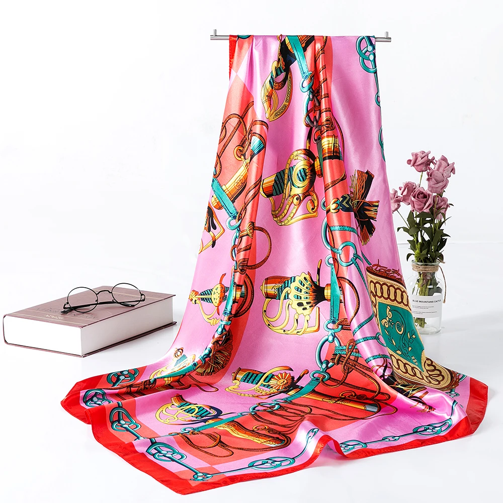 Women Satin Silk Square Hair Wrapping Square Scarfs Travel Scarf  for Woman Retro Style Printed Shawl Echarpe Fourlard  AA10137