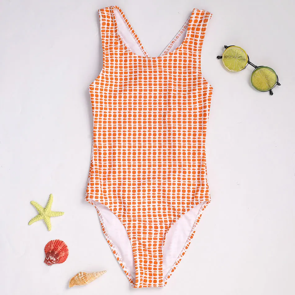 Floral Girls One Piece Swimsuit Kids 7-16 Years Retro Vintage Children\'s Swimwear Striped Girls Bathing Suit Monokini Cross Back