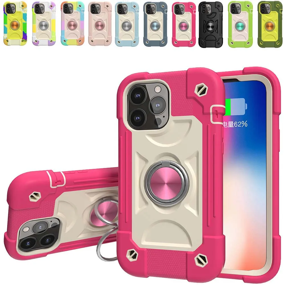 3 in 1 Multifunction Case For iPhone 16 15 14 13 12 Mini 11 Pro Max XS XR 7 8 Plus SE Ring Car Stand Silicone PC Shockproof Skin