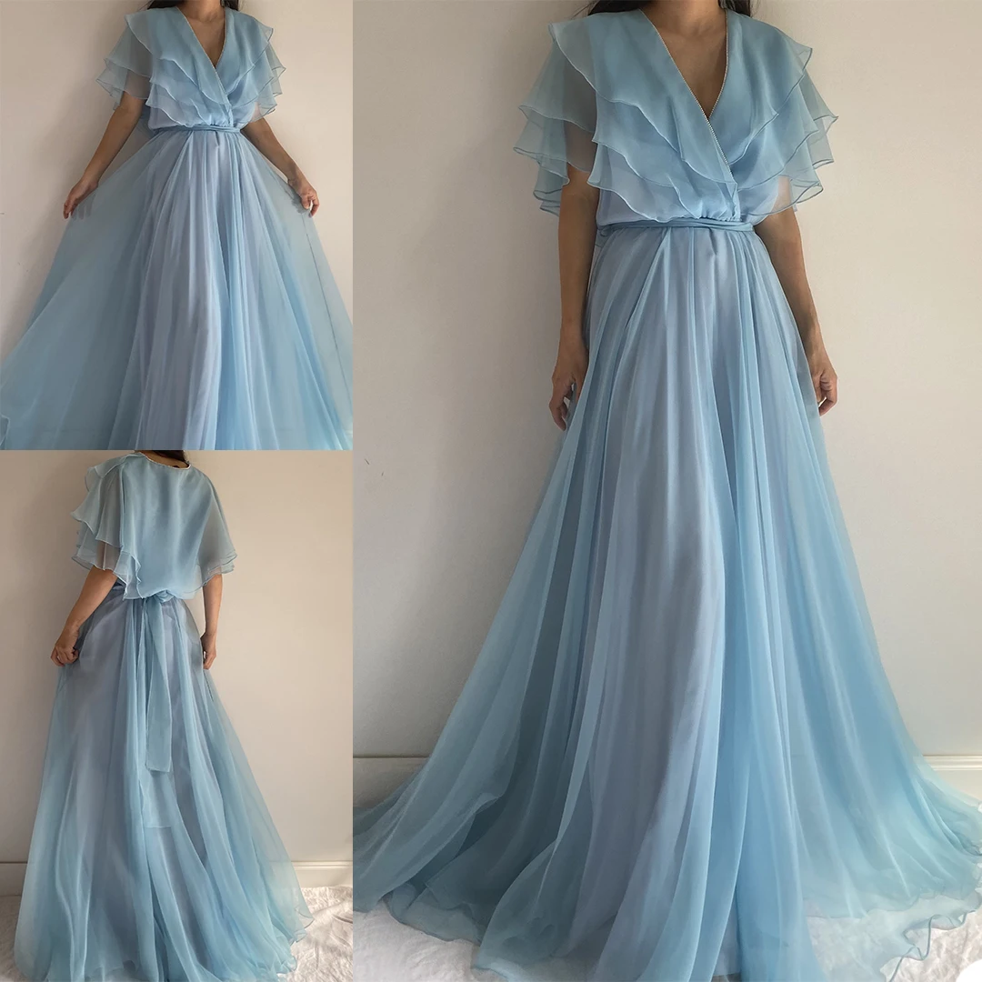 

Fog Blue Tulle Homewear Custom Made Long Sleeves Formal Nightwear with Sweep Length Homewear