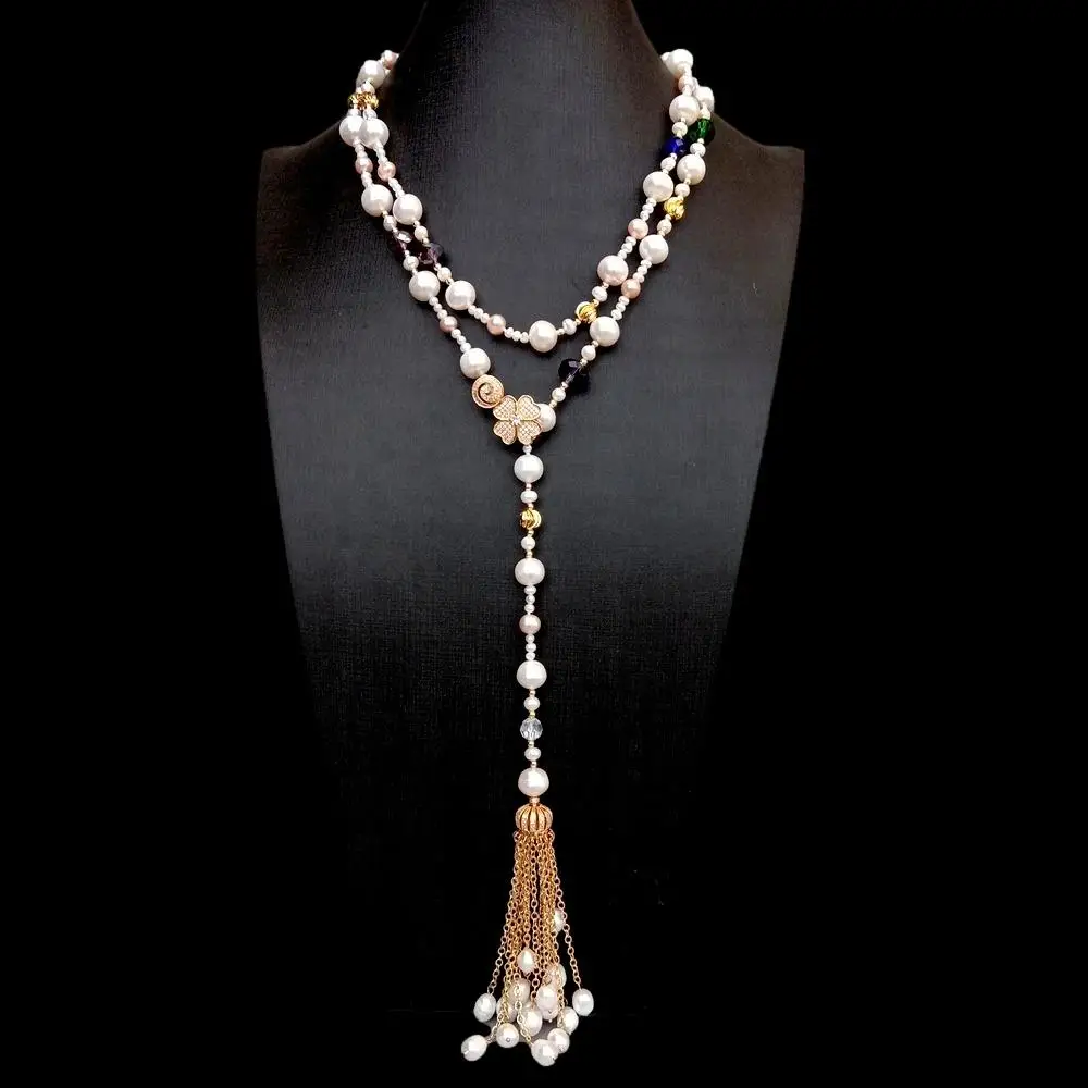 Y.YING Cultured White Pearl Long Multi Color Crystal Tassels Necklace 41\