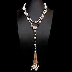 Y.YING Cultured White Pearl Long Multi Color Crystal Tassels Necklace 41