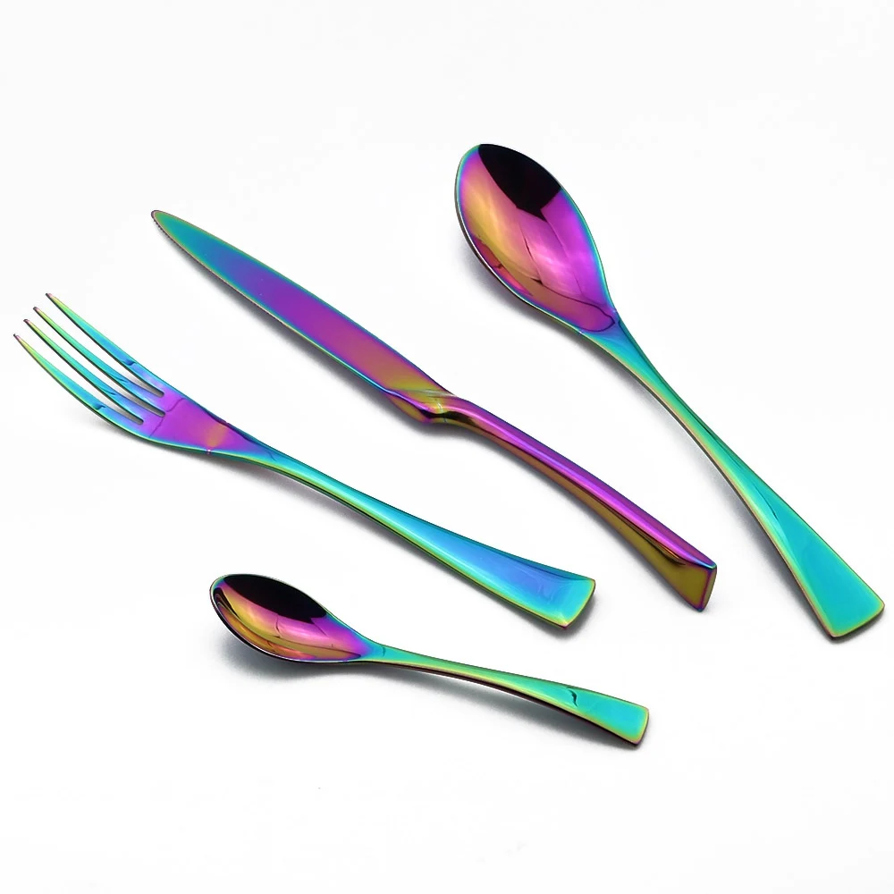 4Pcs/set Rainbow Stainless Steel Dinnerware Polishing Cutlery Set Kitchen Tableware Fork Steak Knife TeaSpoon Dinner Set