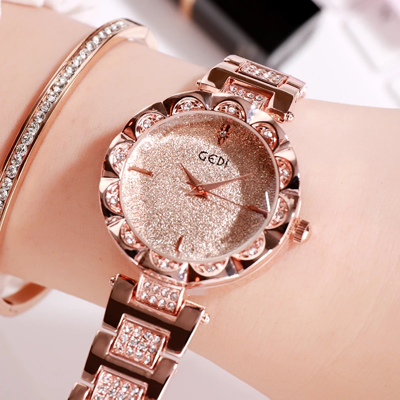 Fashion Gedi Brand Luxury Women Watches Rose Gold Crystal Full Steel Ladies Watch Relogio Feminino Horloge Dames