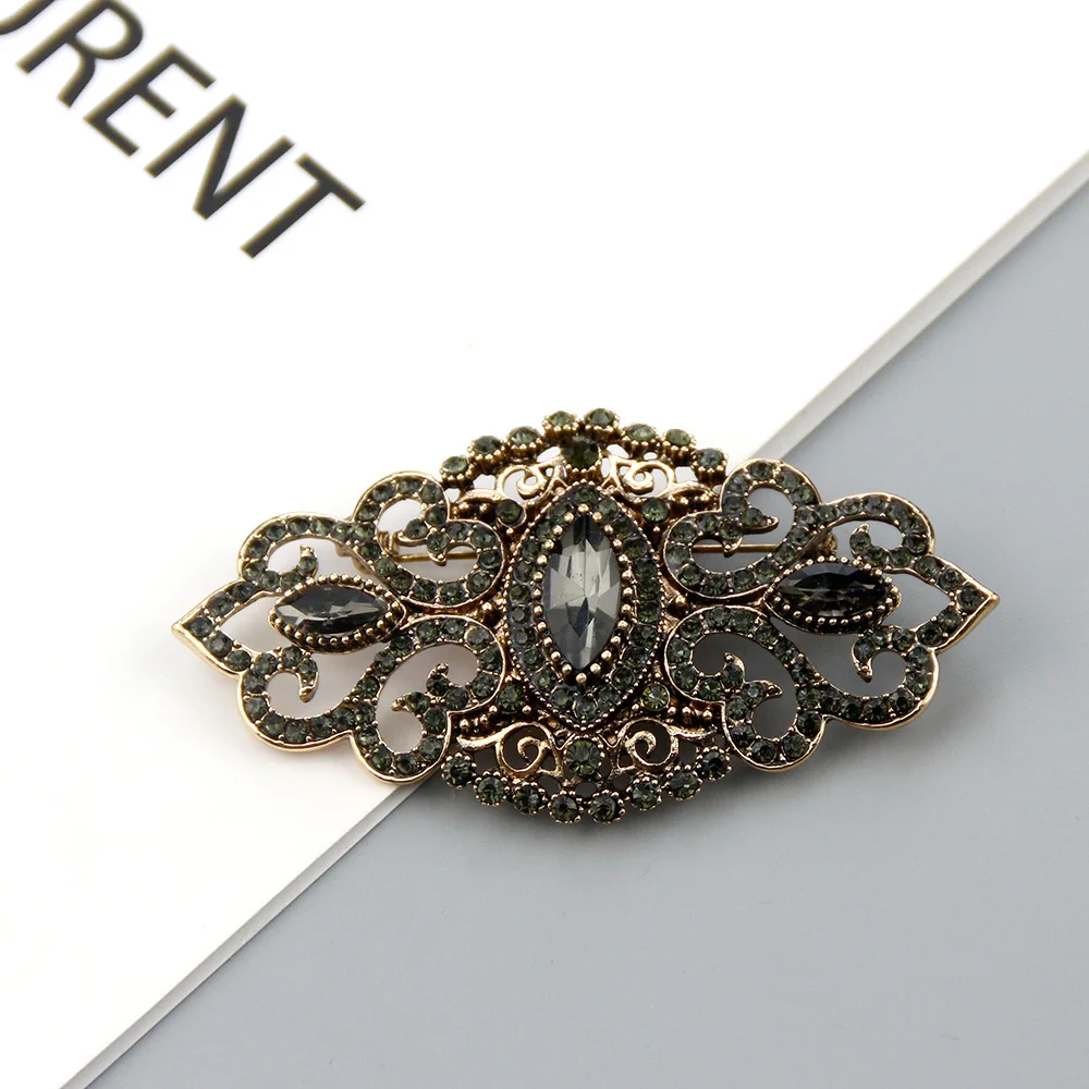 Sunspicems Indian Turkish Flower Crystal Women Brooch Antique Gold Color Morocco Caftan Brooches Banquet Jewelry Hijab Scaft Pin