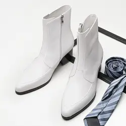 Autumn Winter White Genuine Leather Chelsea Ankle Boots Men High Heels Trendy Wedding Drss Shoes Mens Warm Snow Boots Size 36-44