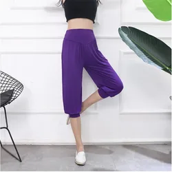 Mallas cortas para mujer, pantalones bombachos de cintura alta, Capris de algodón Modal, holgados, talla grande, Morado, gris y negro, 3/4