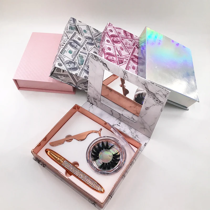 Marble Holographic Boxes with Dramatic 25mm Mink Eyelashes LIquid Eyeliner Glue pen Tweezers For Beauty Makeup