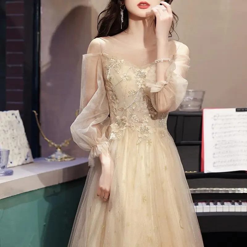 French Style Appliques Illlusion Full Sleeve Evening Dress For Women Lace-Up Floor-Length Embroidery Gentle Pageant Gowns