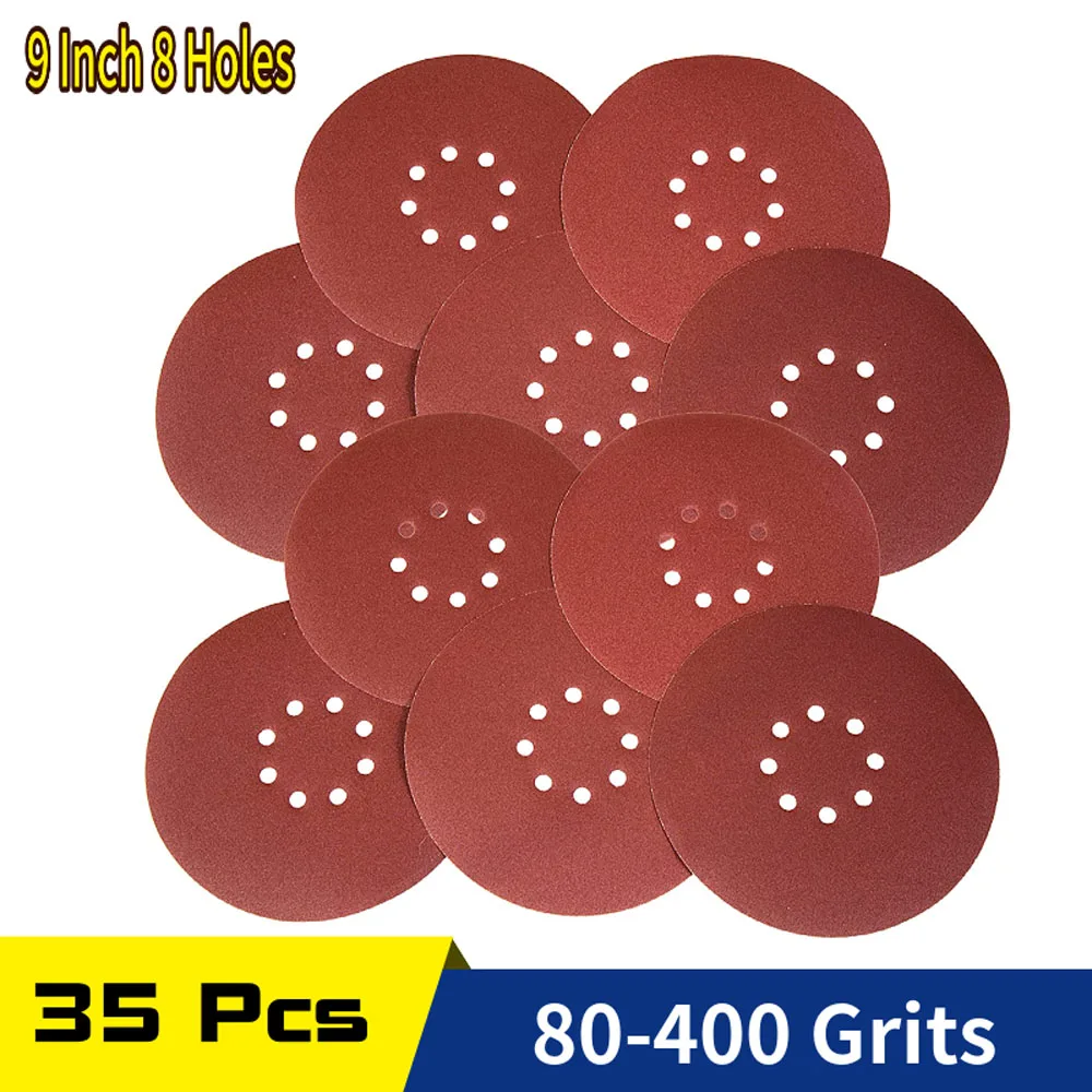 Sandpaper 9 Inch 8 Hole Hook Loop 80-400 Grits 225mm Abrasive Sanding Disc Durable for Drywall Sander Wood Furniture Finishing