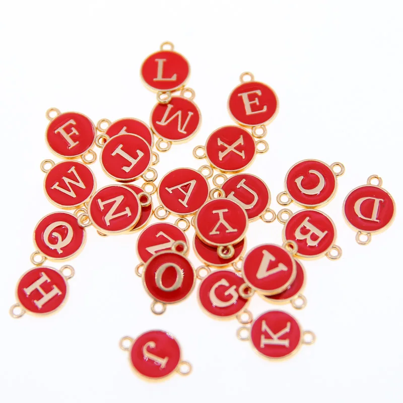 10/26pcs/lot Red Double hanging ring Letter Charms Enamel For Jewelry Making Alphabet Initial Pendant For DIY Bracelet Necklace