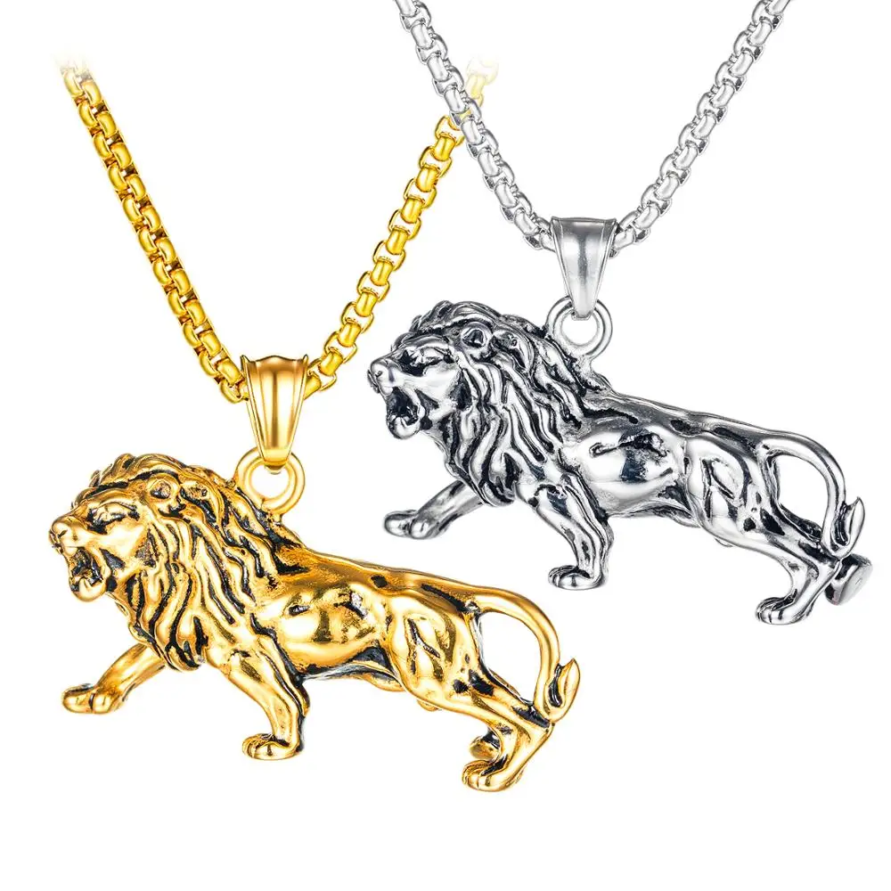 Hip Hop Stainless Steel Gold Color Men‘s Necklace King Lion Pendant Chain Animal Jewelry Male Gift