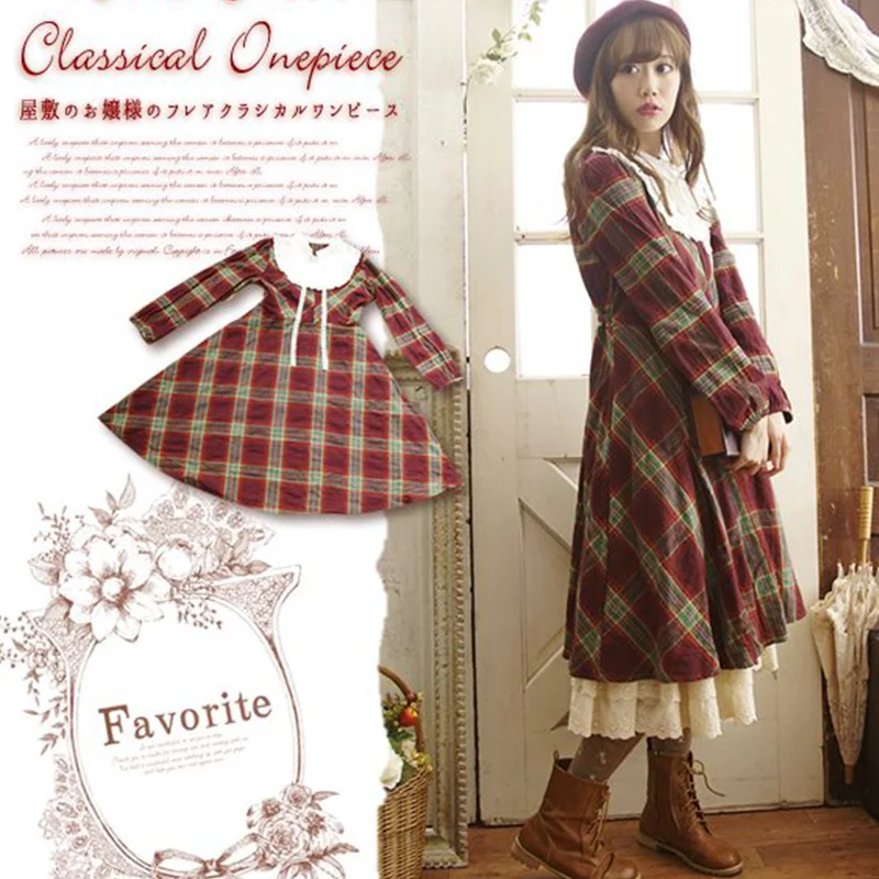 Japanese Spring Autumn Women Mori Girl Sweet Dress Long Sleeve Stand Collar Knitting Red Lolita Princess Vintage Midi Dress A175