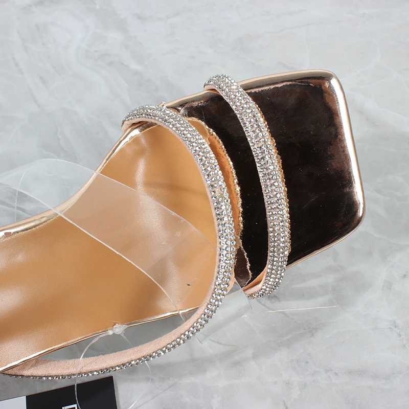 Women's High Heel Sandals 2023 Summer New Rhinestone Belt Transparent Horseshoe Heel Slippers Fashion Party Women Sandals 7.5CM