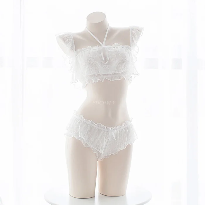 Conjunto de lingerie sexy para mulheres, coração oco íntimas, camisolas de cosplay anime, lingerie transparente lolita, tops e cinto, anel de pescoço