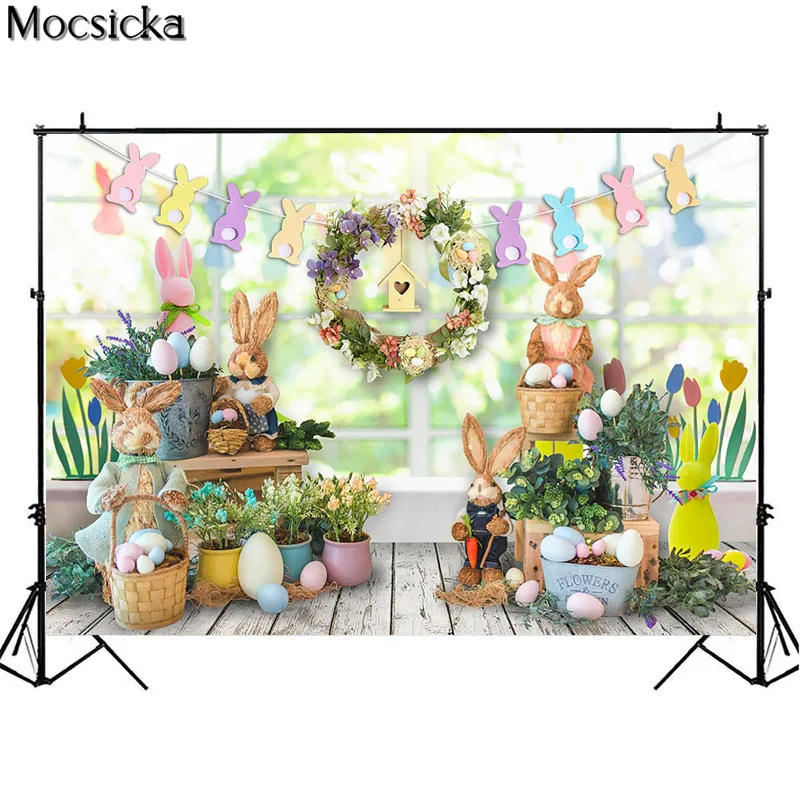 Easter Photography Backdrop Spring Green Plants Flowers Bunny Egg Decor Rabbit Birthday Party Photcall Background Photo Studio