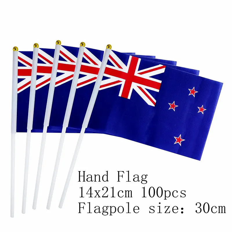 

zwjflagshow New Zealand Hand Flag 14*21cm 100pcs polyester new Zealand Small Hand waving Flag with plastic flagpole for decor