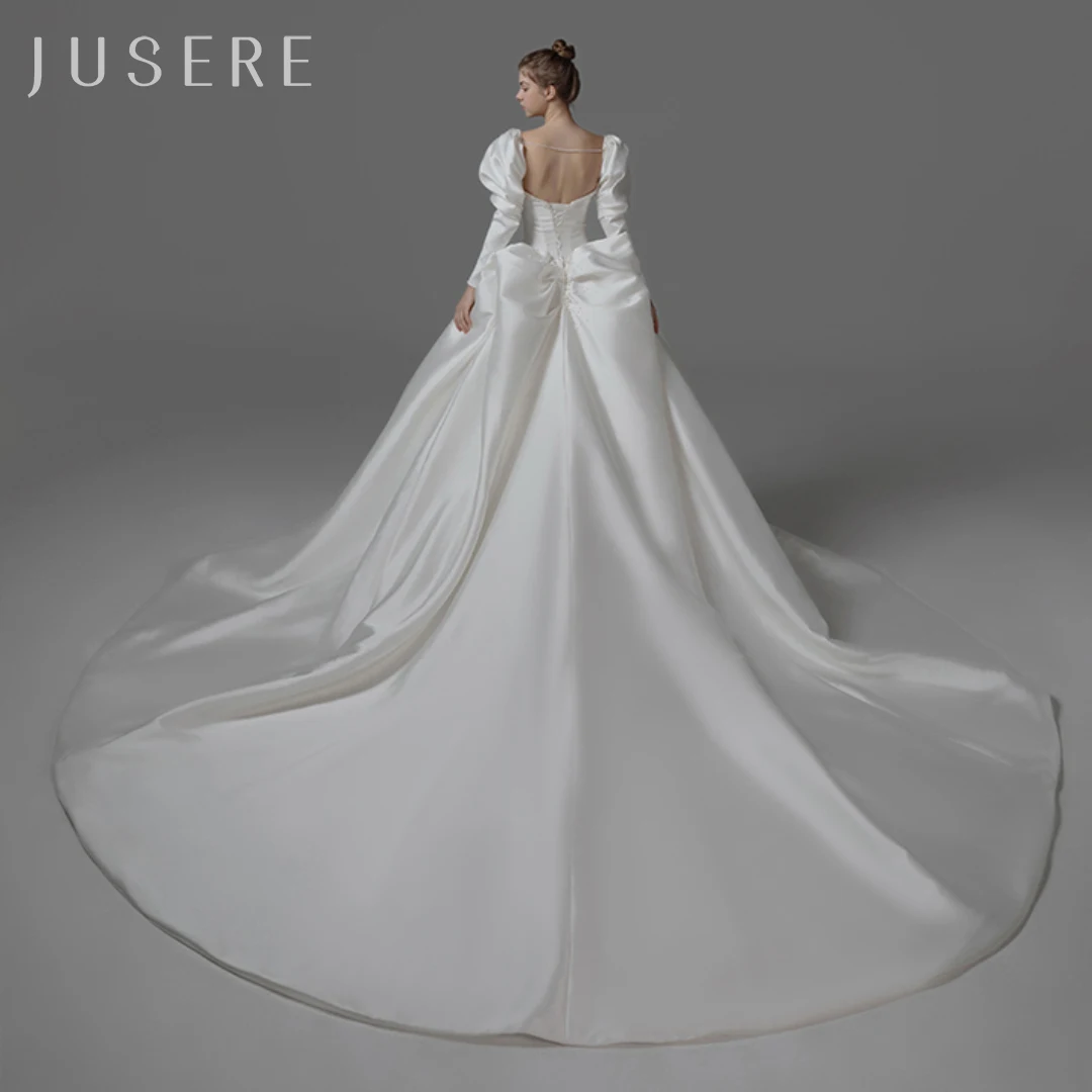 Jusere-Robe de Mariée en Satin Blanche avec Traîne Cathédrale, Épaules Dénudées, Robe de Bal, Gigot