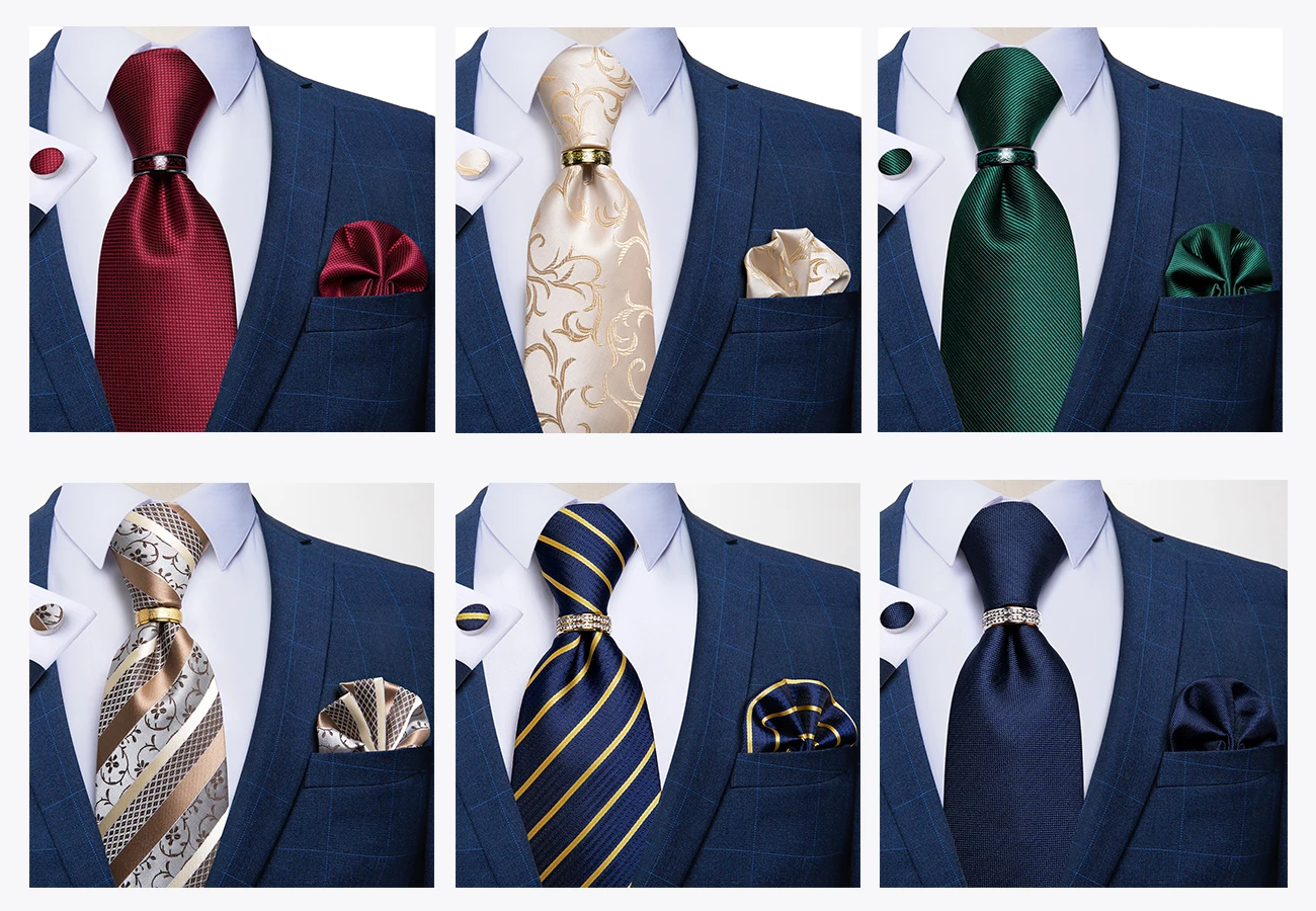 Luxuriöse Blau-Gold Paisley-Krawatten für Herren, Business-Hochzeits-Krawattenset mit Krawattenring, Brosche, Manschettenknöpfen und Einstecktuch – Detail 3