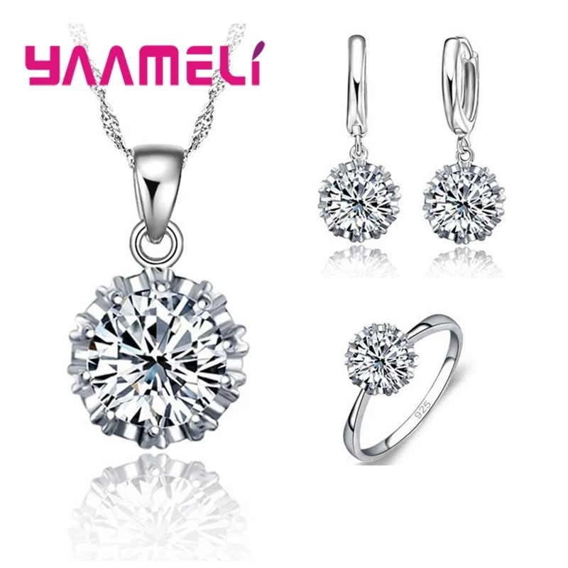 Classic 925 Sterling Silver Wedding Jewelry Sets For Women Big Stone CZ Cubic Zirconia Necklace/ Earring/ Ring Set Size 5-10