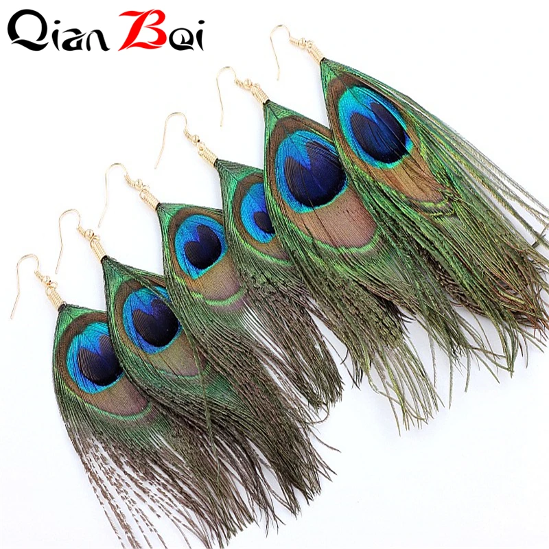 QianBei Resell Ethnic Earrings Long For Women Green Peacock Feather Drop Color Gold Hook Earring